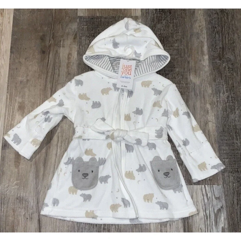 Just One You‎ by Carter's Baby White Bear Print Bath Robe Tie Waist  Size 0-9M